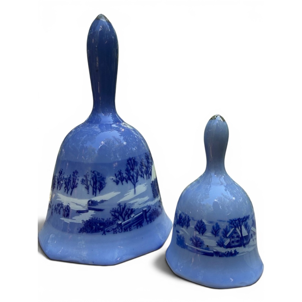 Vintage Currier & Ives Blue Porcelain Bells Set 1977 Limited Edition Gold Trim